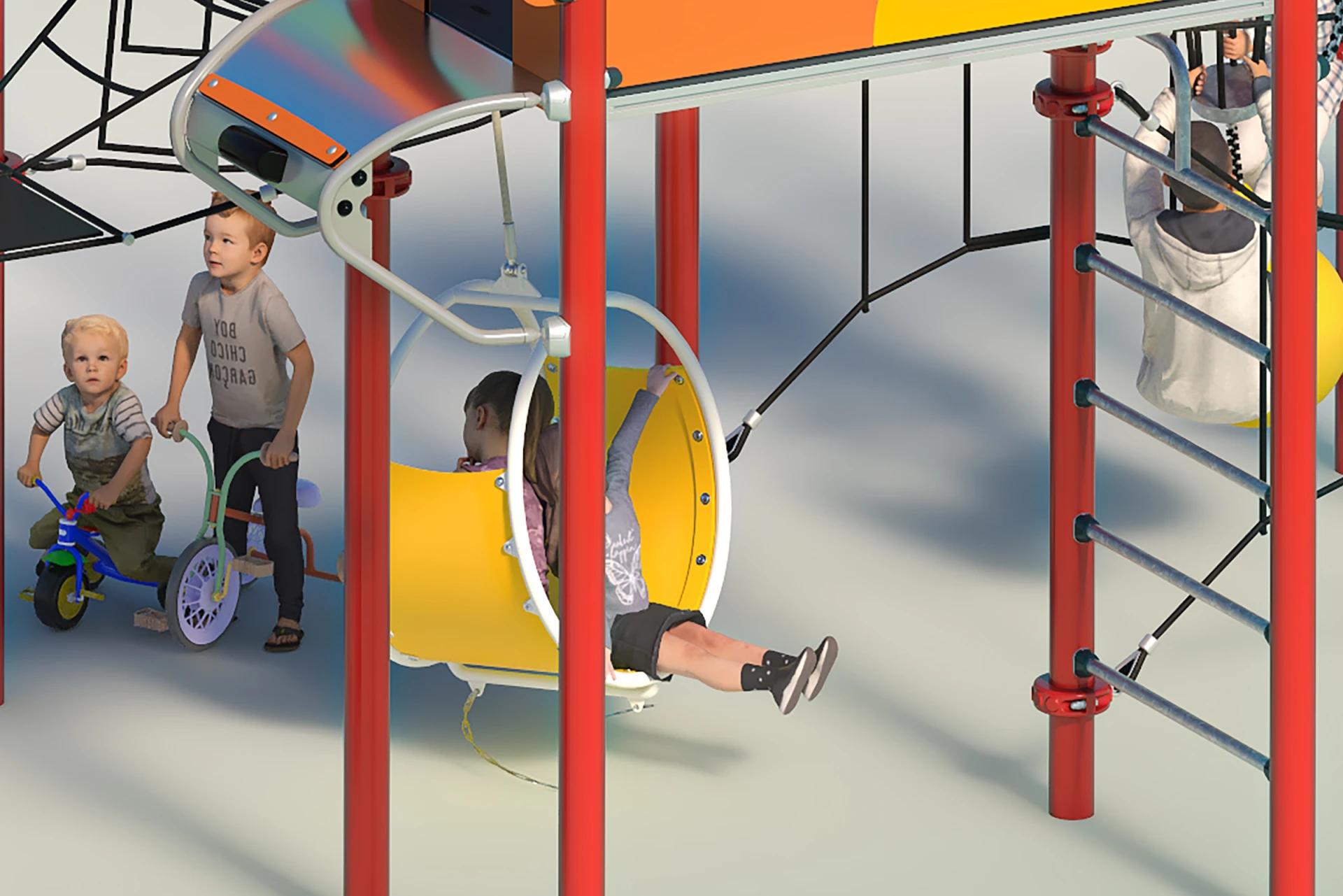 A child sitting in a obstacle course hanging pod