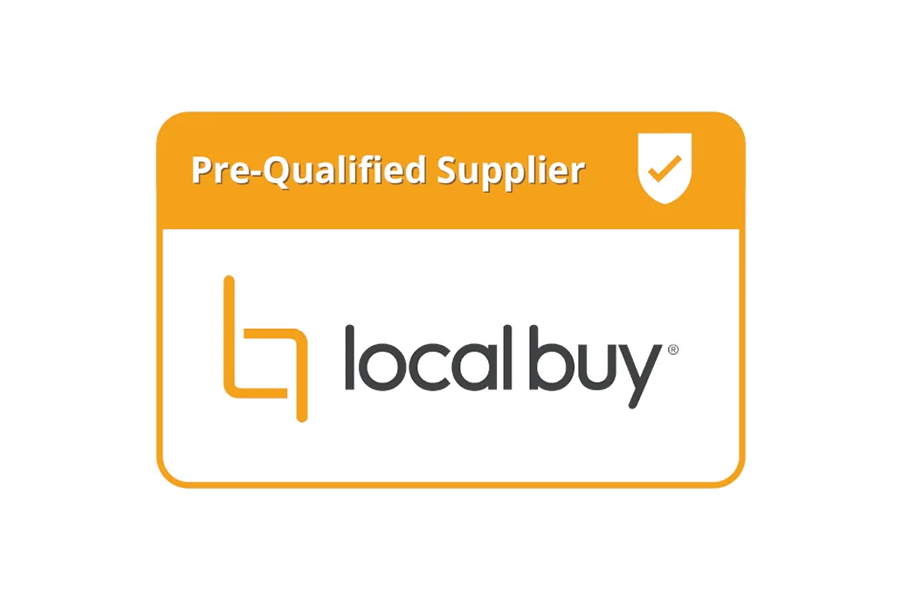 Local Buy badge with orange header reading “Pre-Qualified Supplier” and shield icon above the Local Buy logo on white background