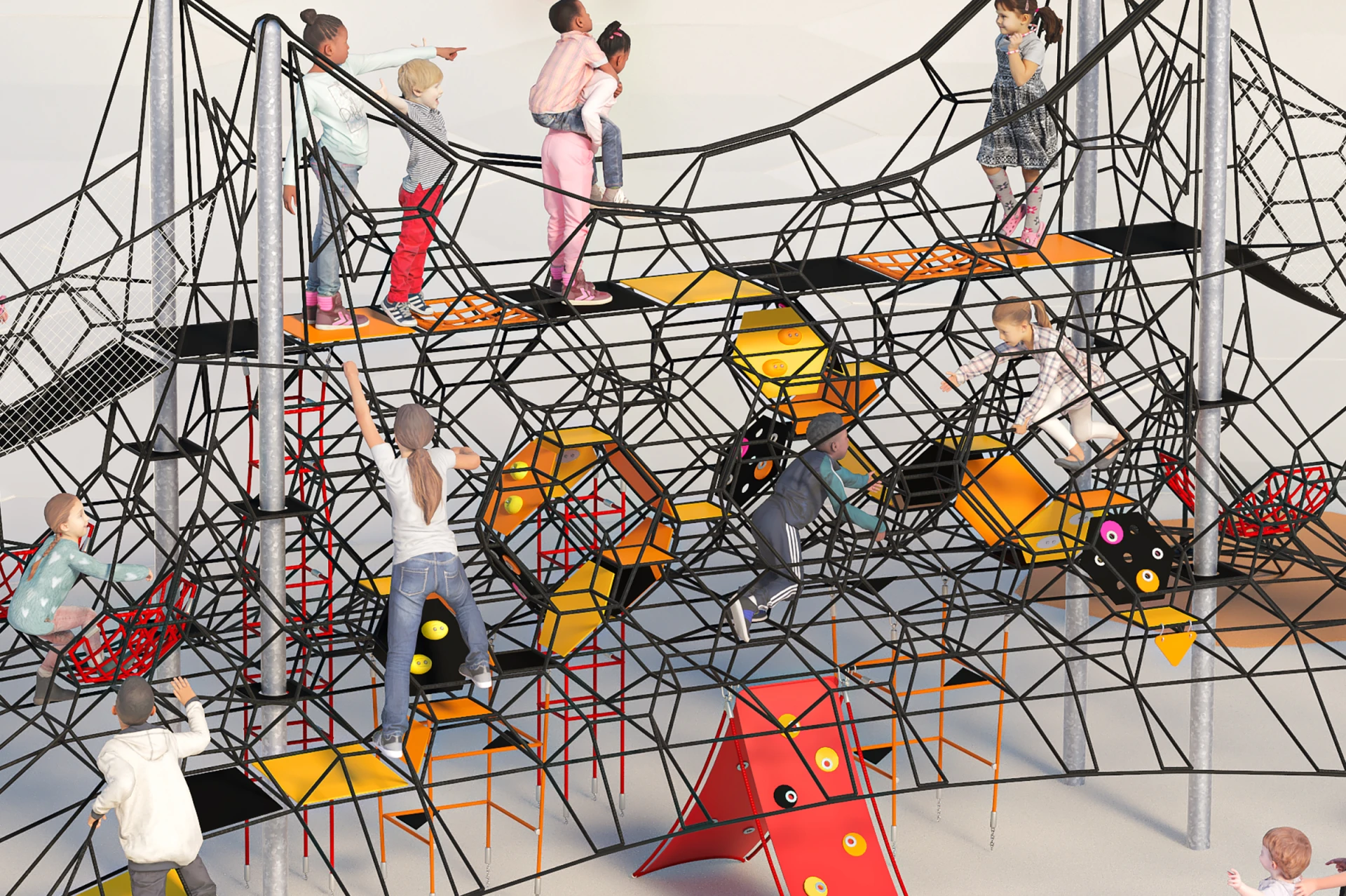 Children meeting and walking across a rope bridge