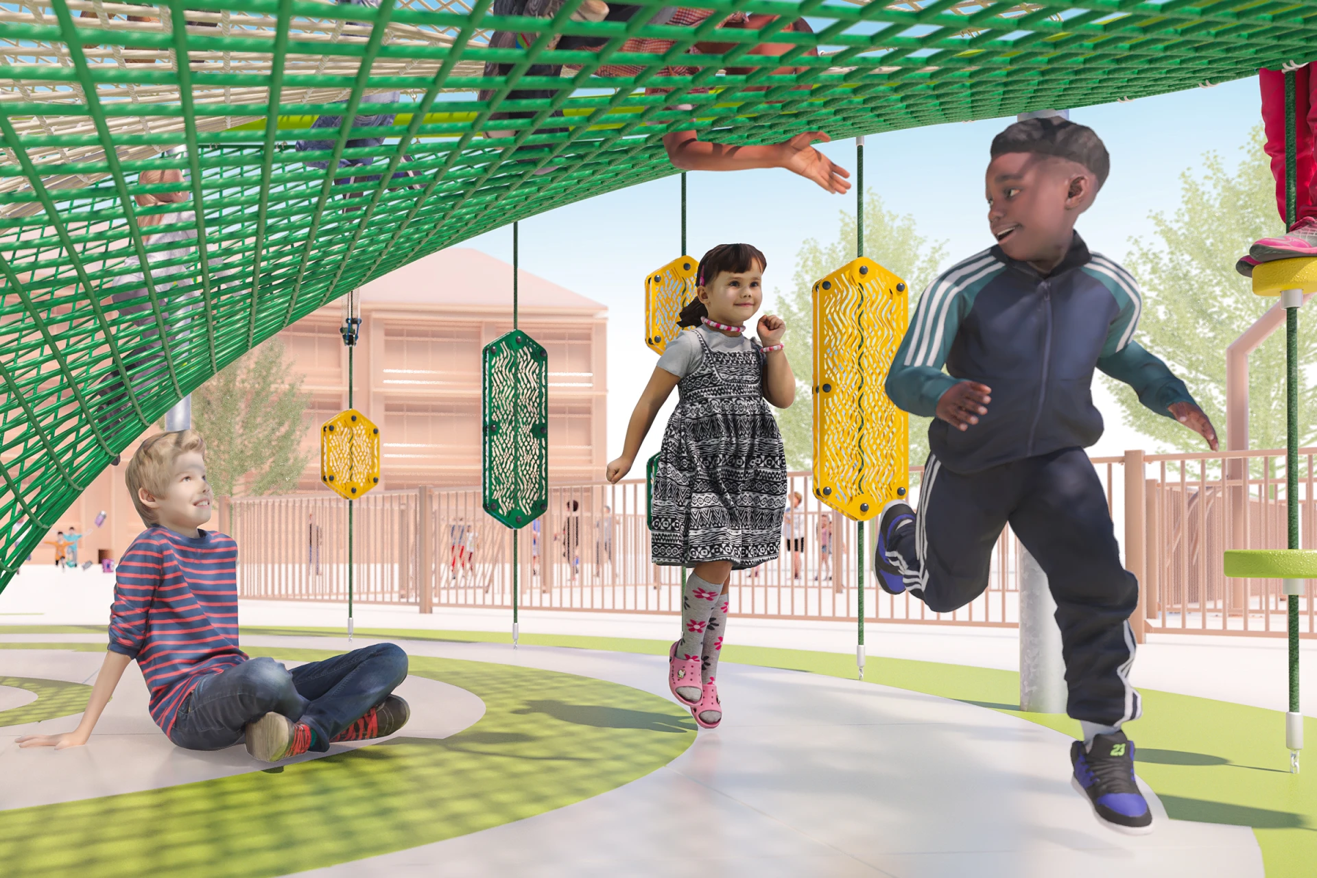 Children running underneath a rope playground