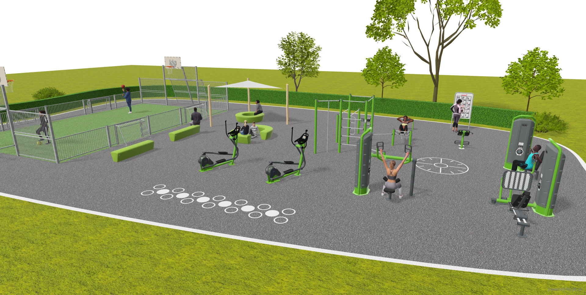 Un renderizado 3d de un parque con zona de gimnasio