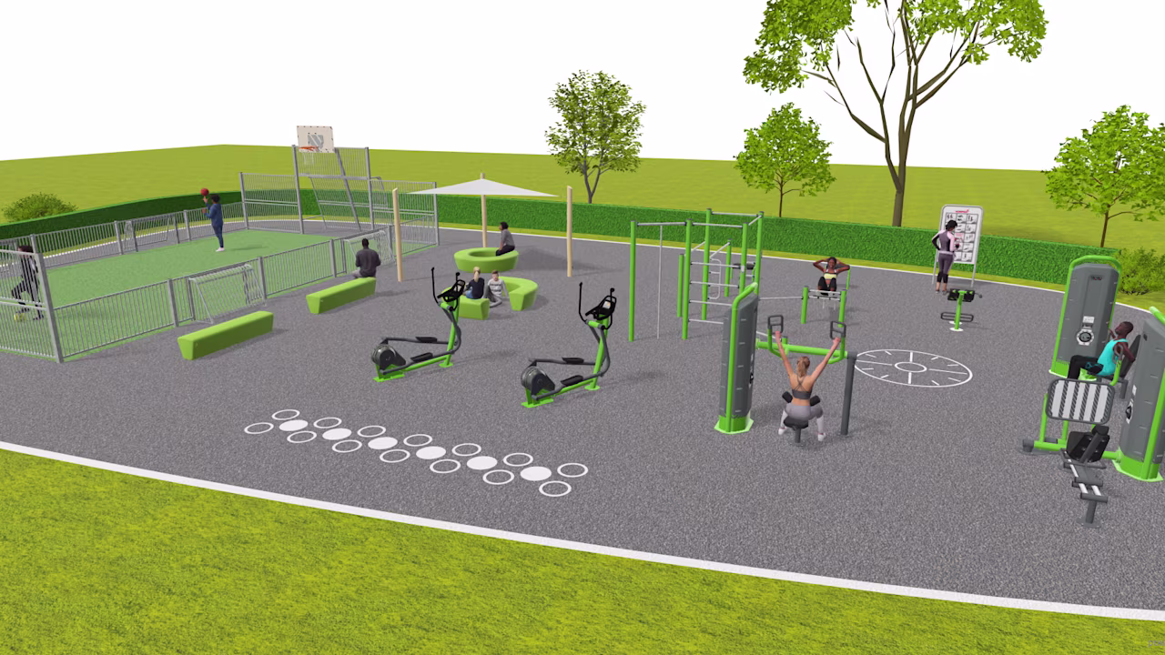 En 3d-gjengivelse av en park med treningsstudio.