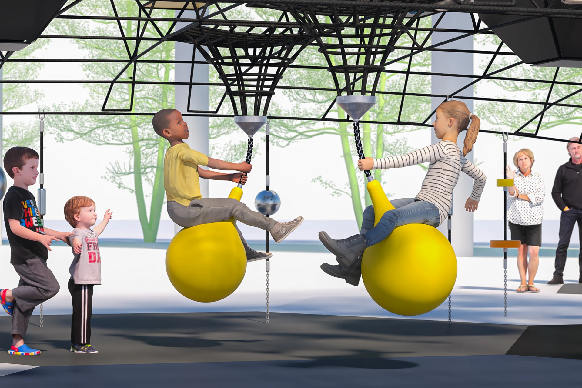 Children sitting and swaying on a rope playground