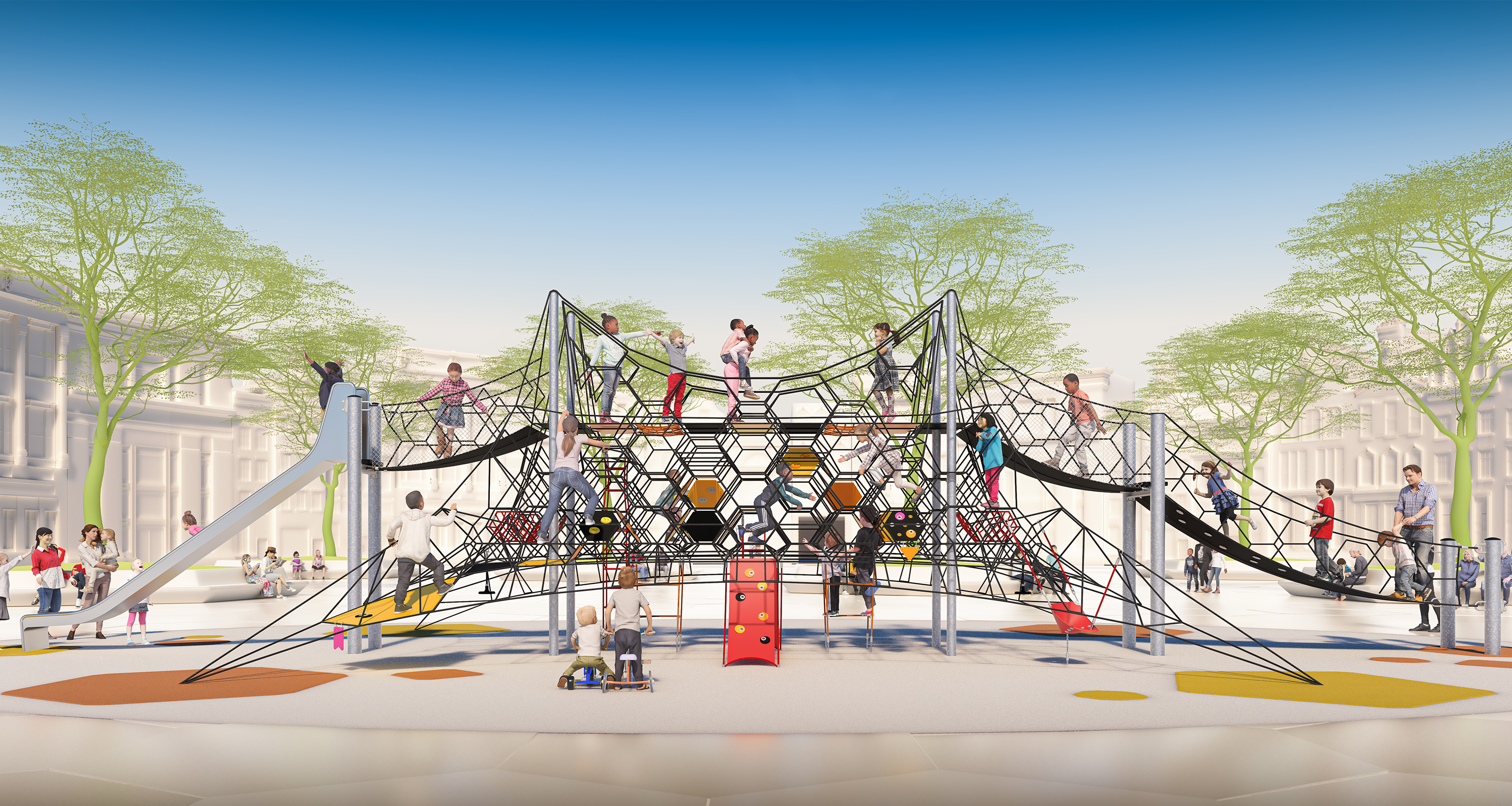 Children walking across and playing on a rope play structure
