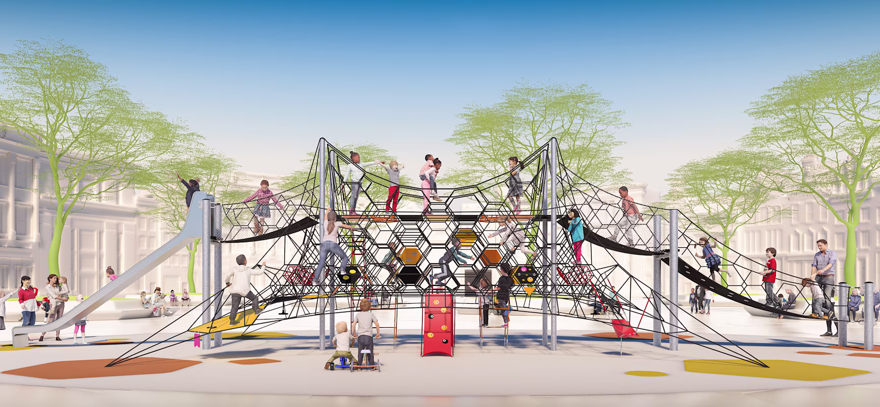 Children walking across and playing on a rope play structure