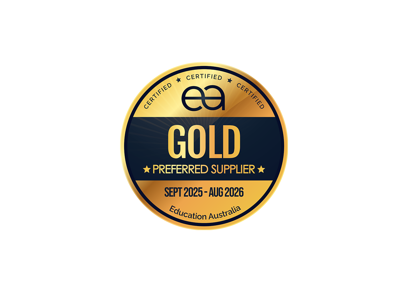 Gold and navy circular badge reading “Certified Gold Preferred Supplier, Sept 2025–Aug 2026, Education Australia” on white background