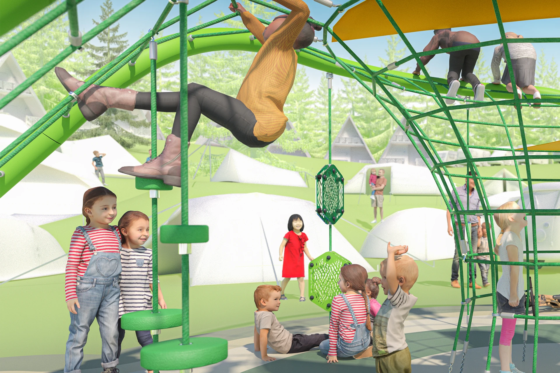 Children hanging and socializing on a loop play structure