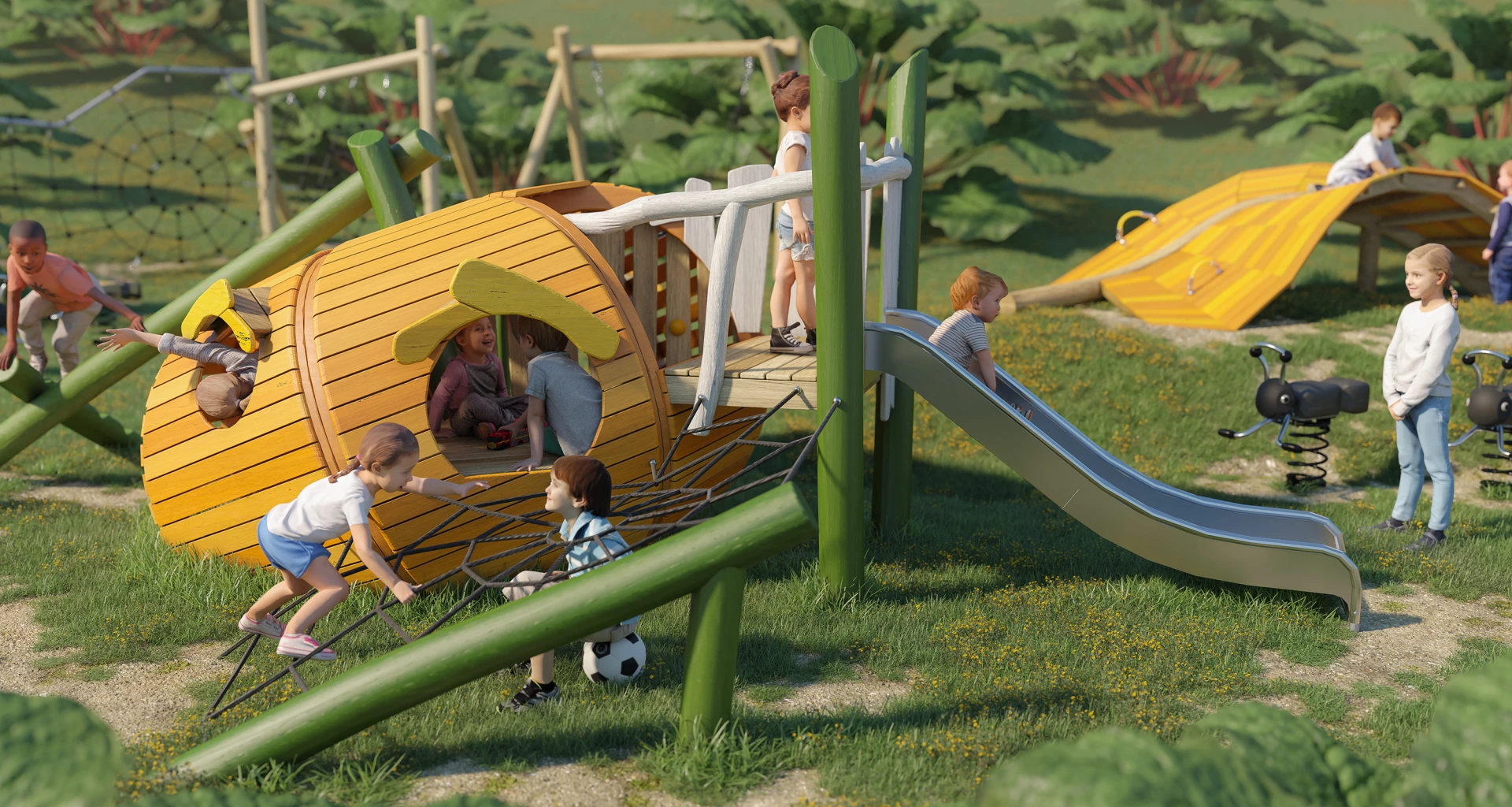 Children playing on a pumpkin themed wooden playground