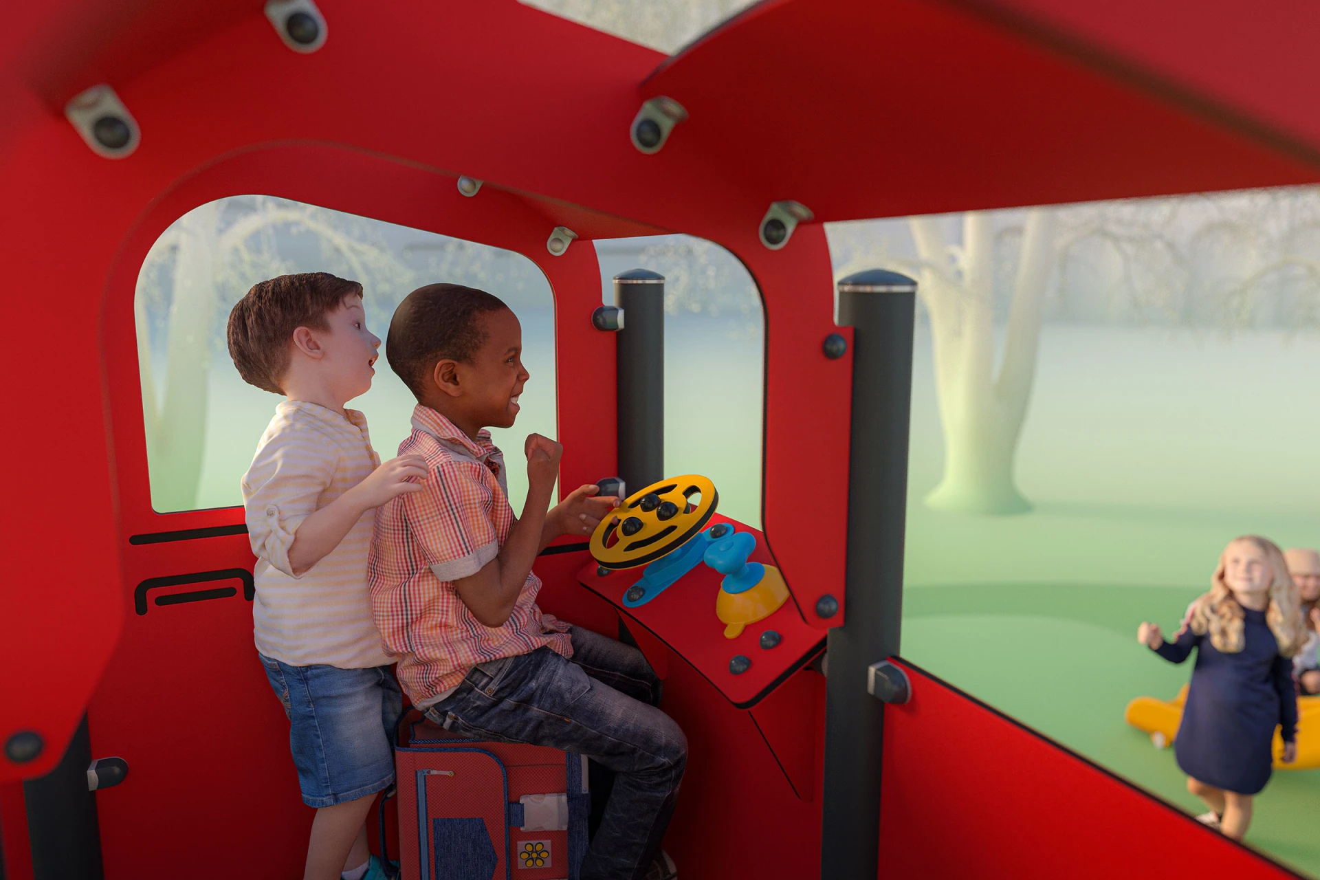 Konceptbild på barn som leker på lekutrustning lik en brandbil