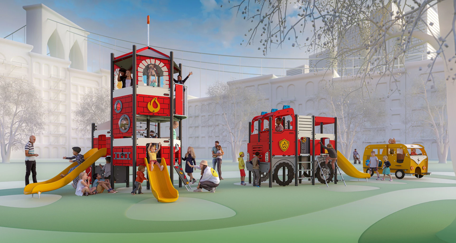 Konceptbild på lekplats med tema brandstation och brandbil 