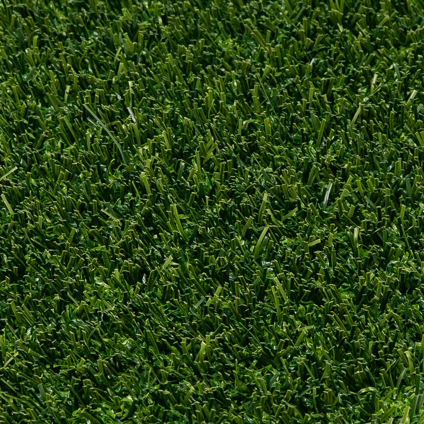 Close-up of artificial grass with dense green and beige blades on a textured backing, resembling a natural lawn surface