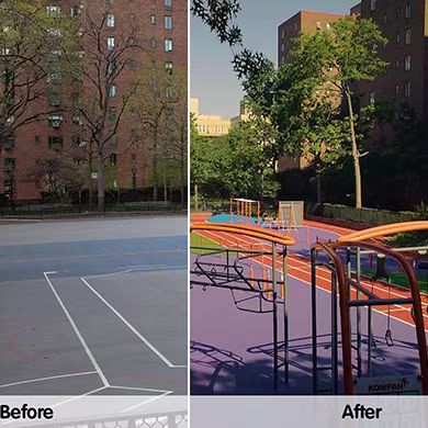 Split image of a schoolyard before and after renovation, showing a plain grey court versus a colourful playground with equipment
