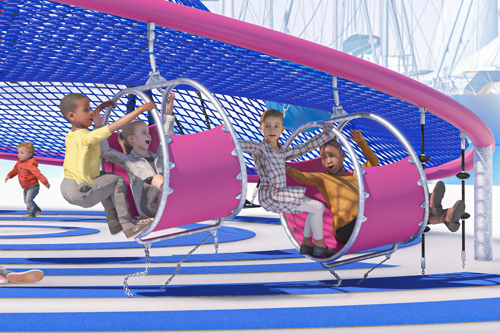 Concept design of children playing and swinging on the hanging pods of a rope net structure