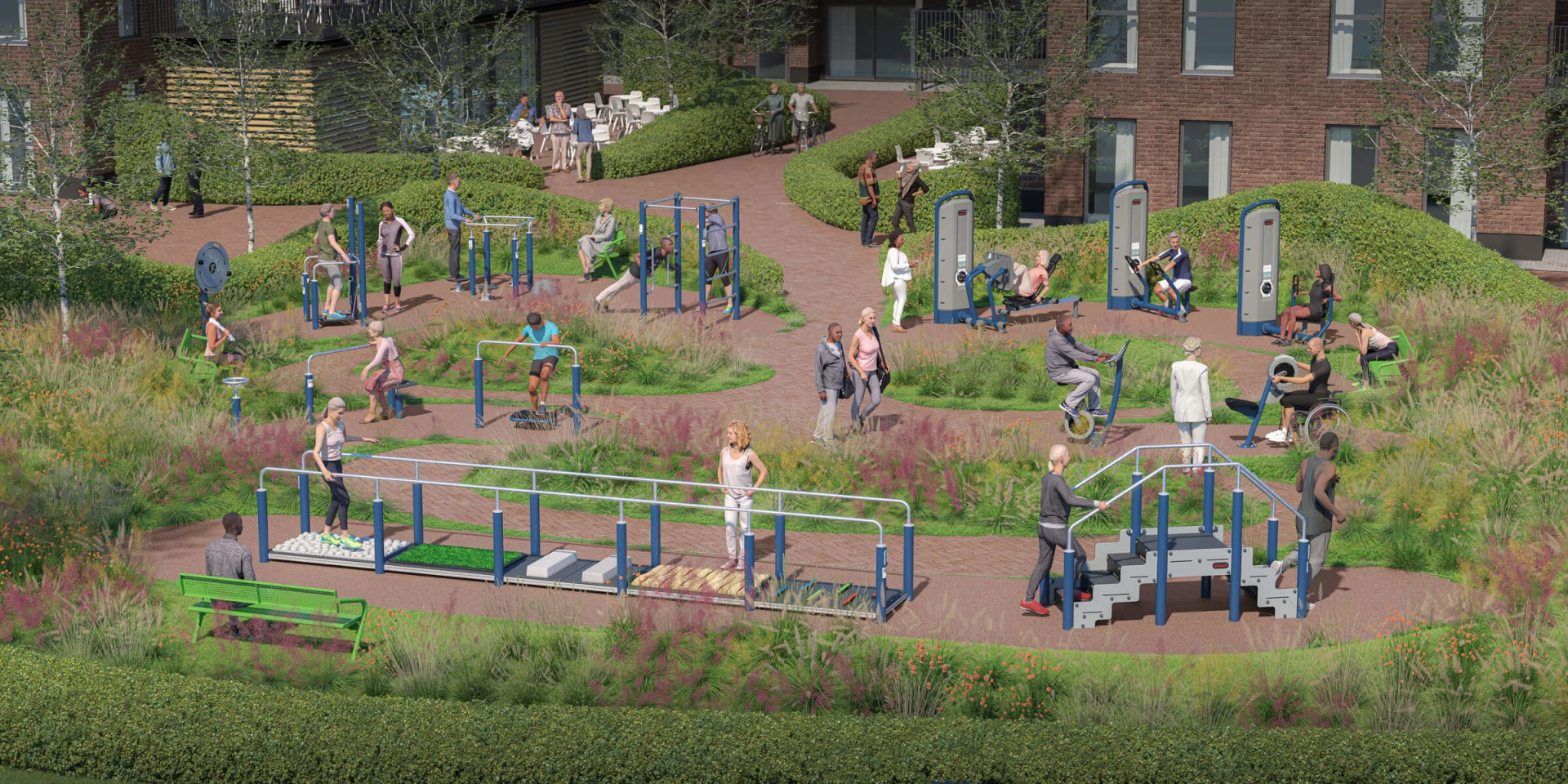 A design idea of a outdoor gym for seniors and rehabilitation