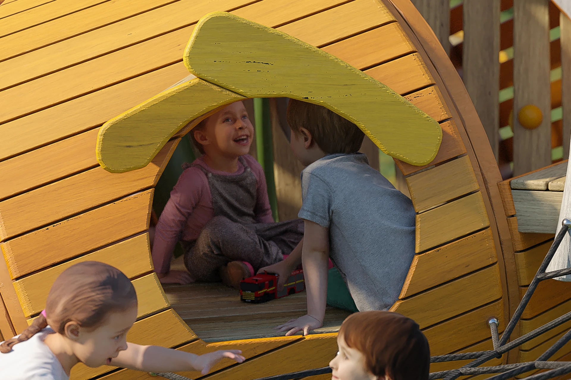 Children meeting at a table inside a themed playground