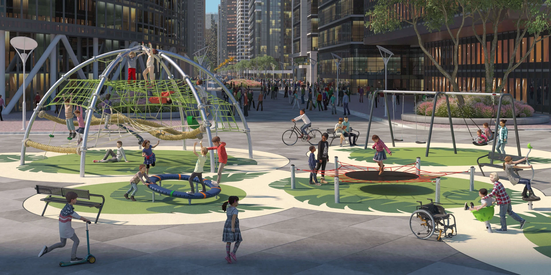 Idée de conception d'un terrain de jeux de cordes au milieu d'un centre ville. 
