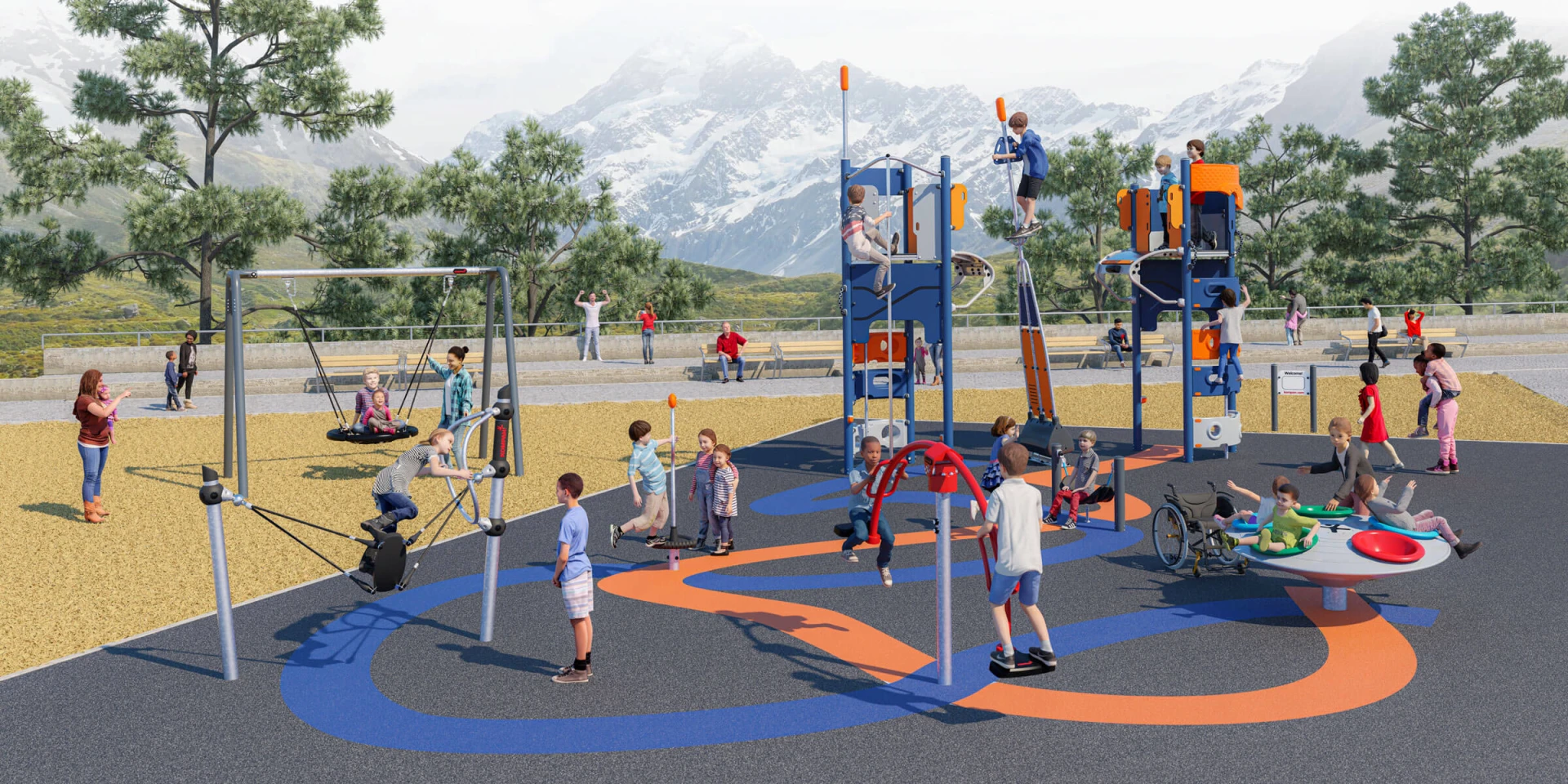 designidé af en legeplads for skolebørn med spændende legeredskaber