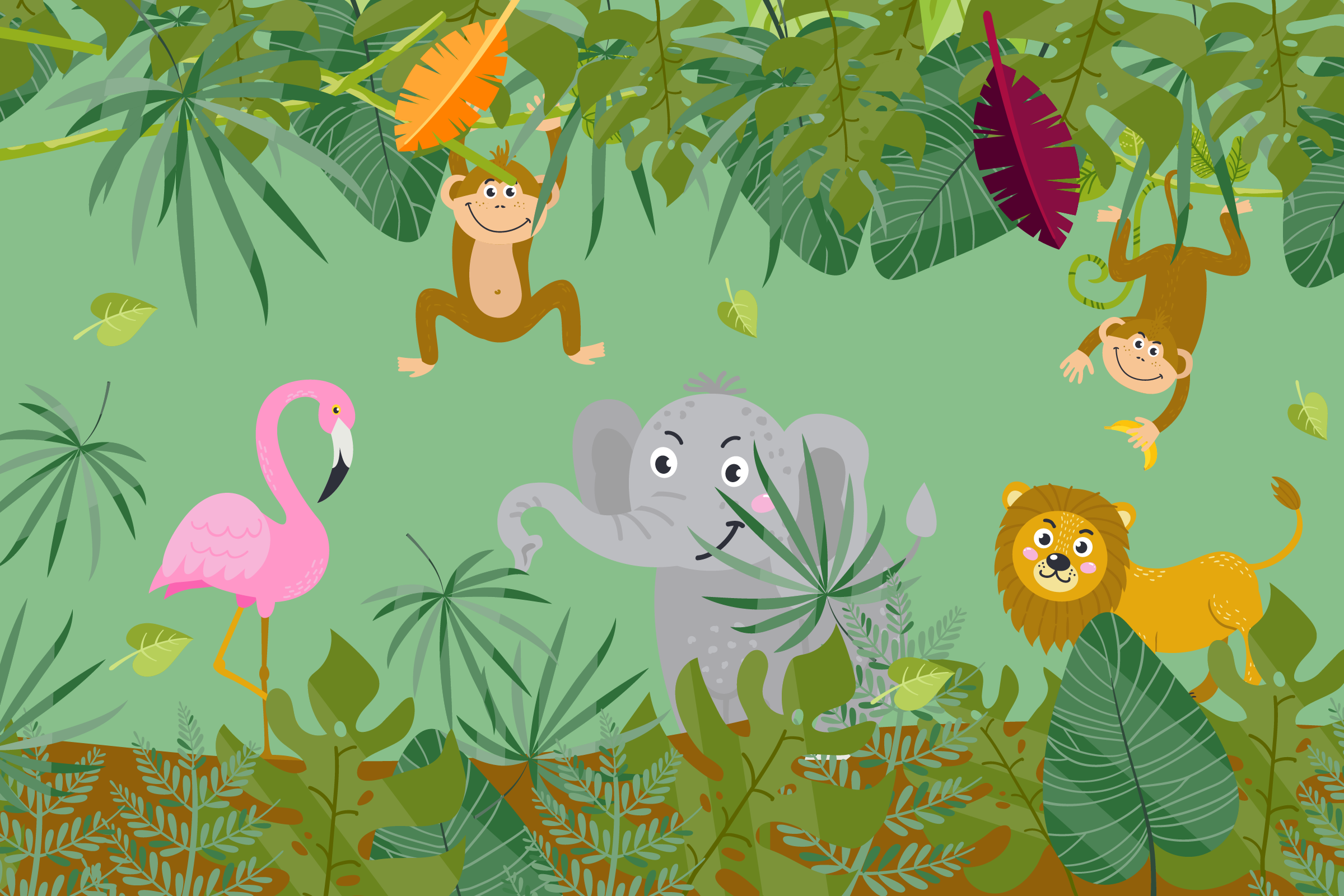 Cartoon jungle scene with monkeys swinging, a pink flamingo, a grey elephant, and a smiling lion among bright green leaves