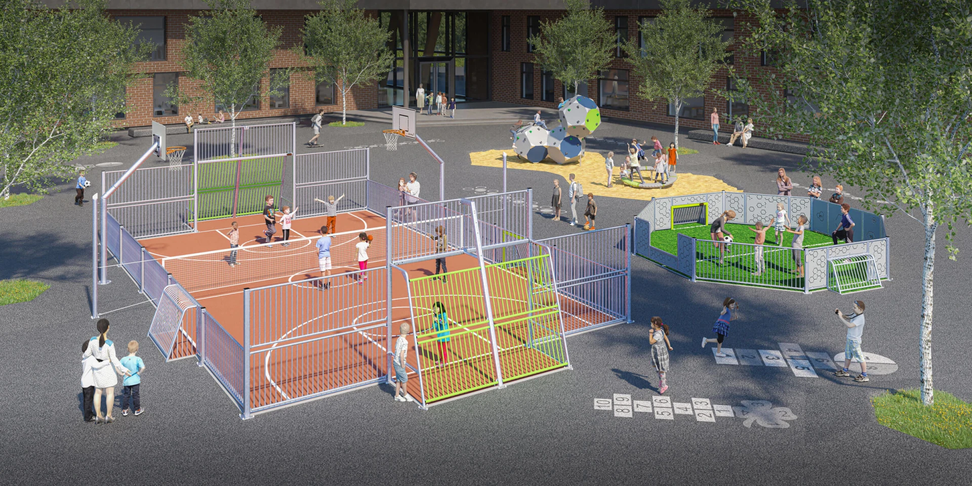 Idea de diseño de un patio escolar con zonas de juegos multibalón