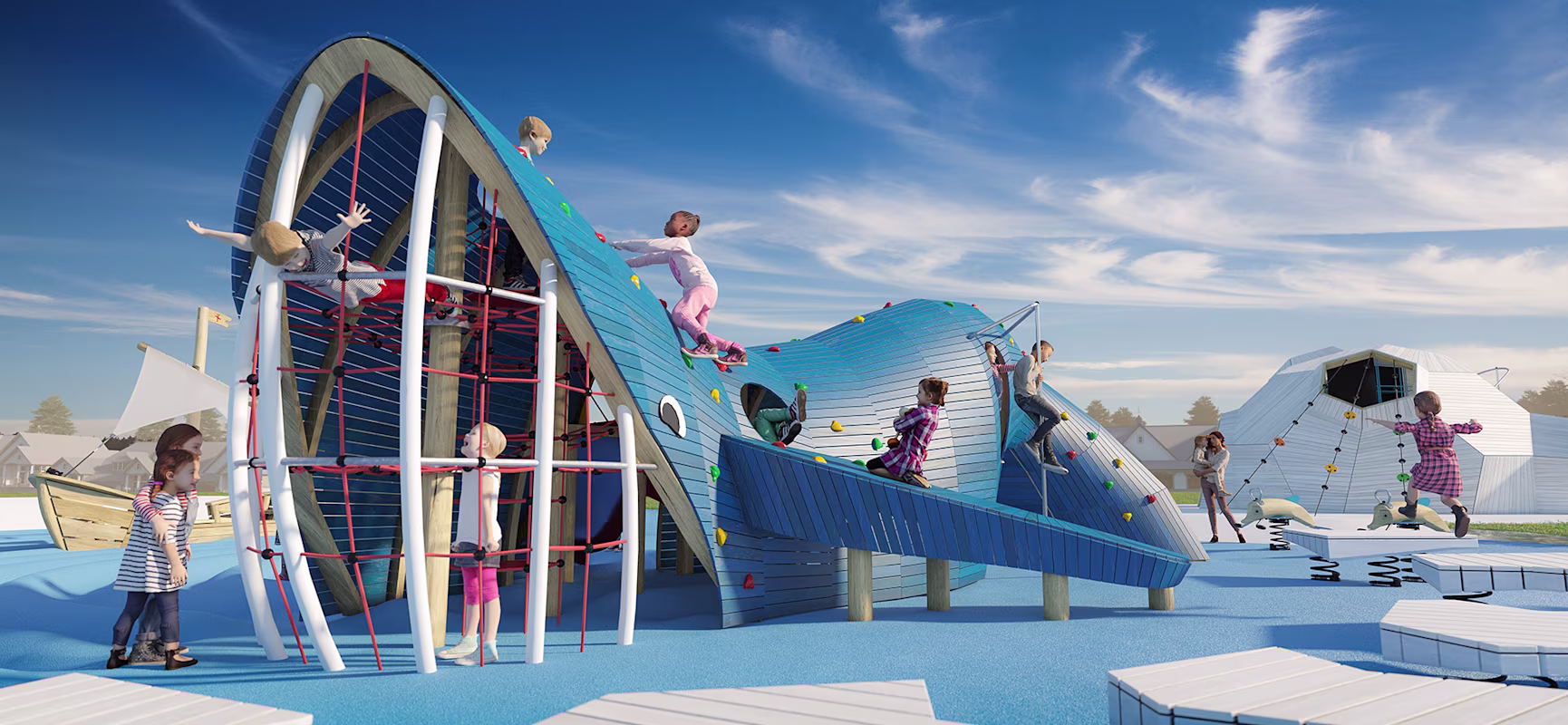 custom wooden playground designs children playing on a wooden whale robinia sculptures hero image