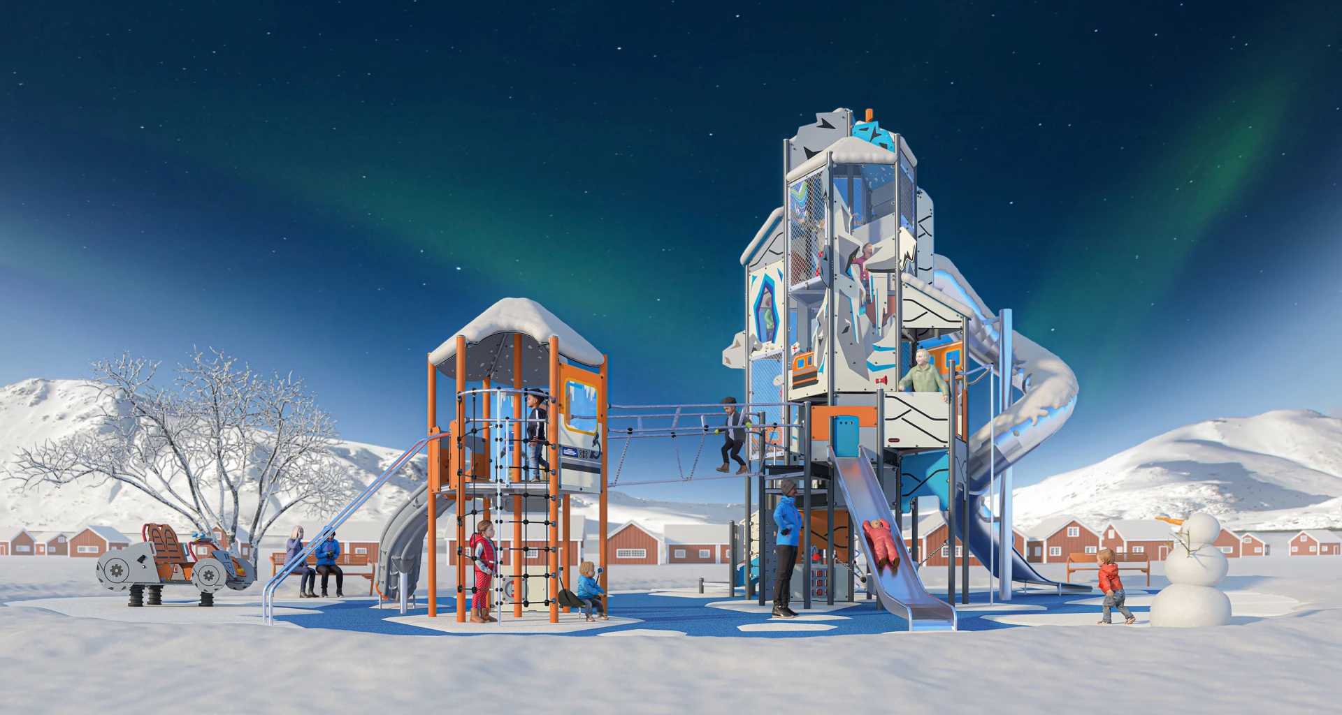 Konceptbild på Nordpolen GIANT på en lekplats fylld med snö 
