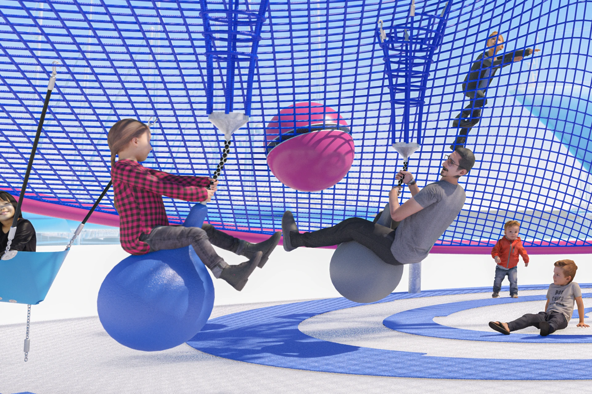 Concept design of children swinging on a rope net structure