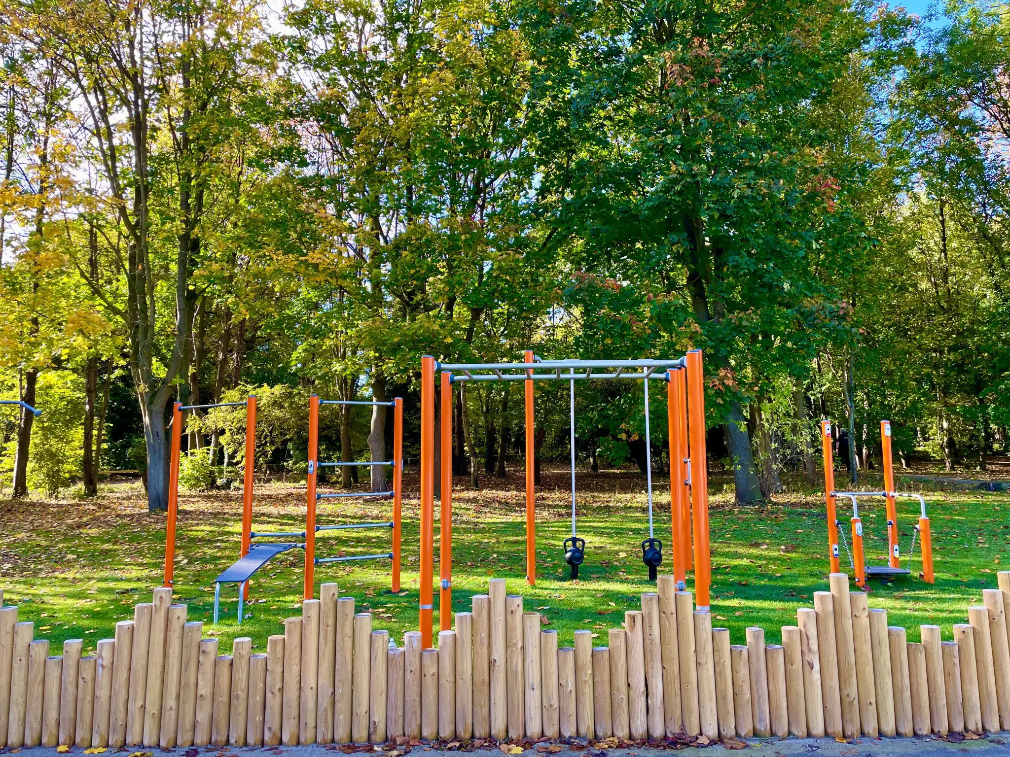 Outdoor fitness park with bright orange workout bars and kettlebells on green grass, surrounded by tall trees and a low wooden fence