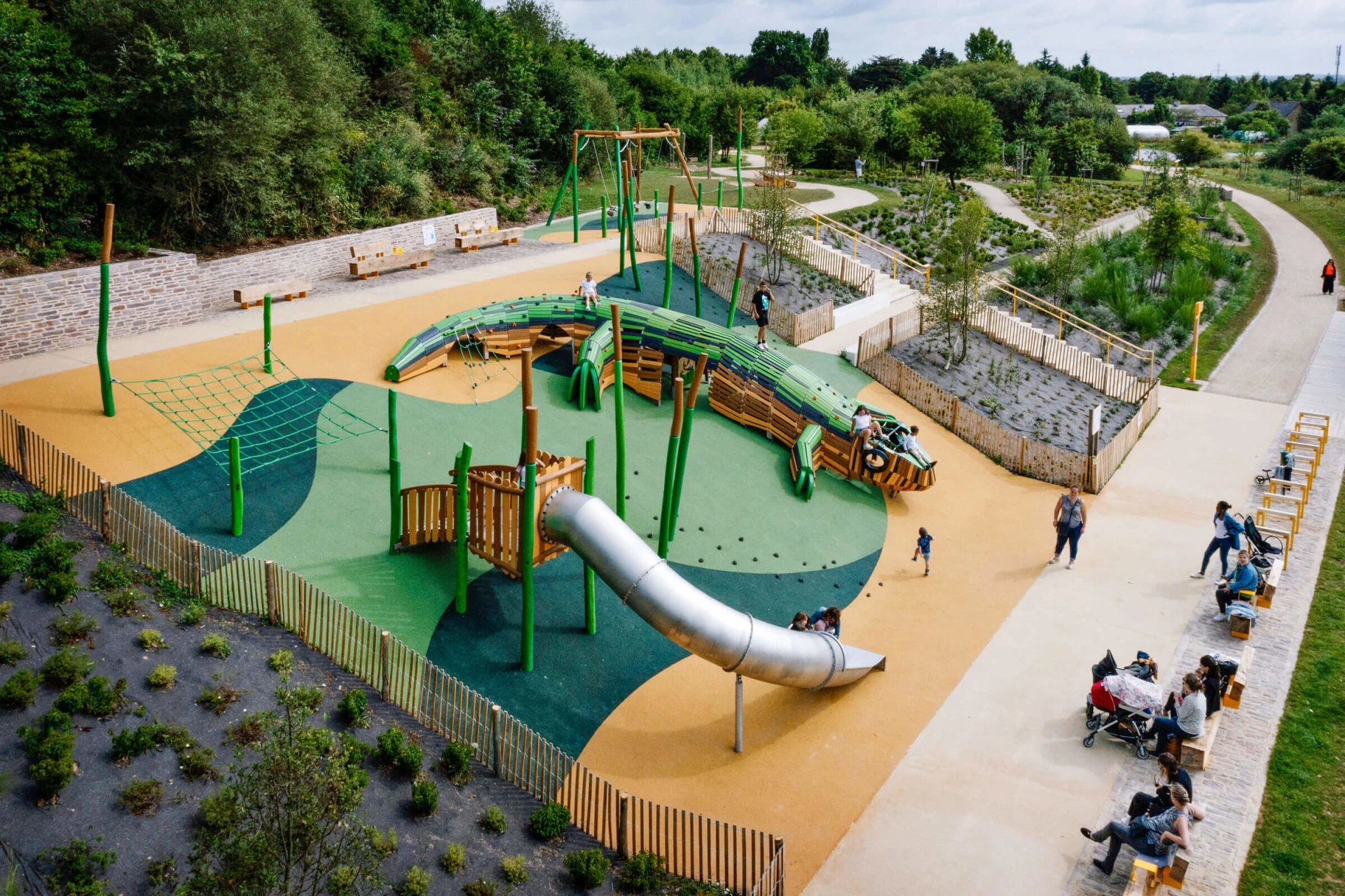 custom playground equipment in a park in France