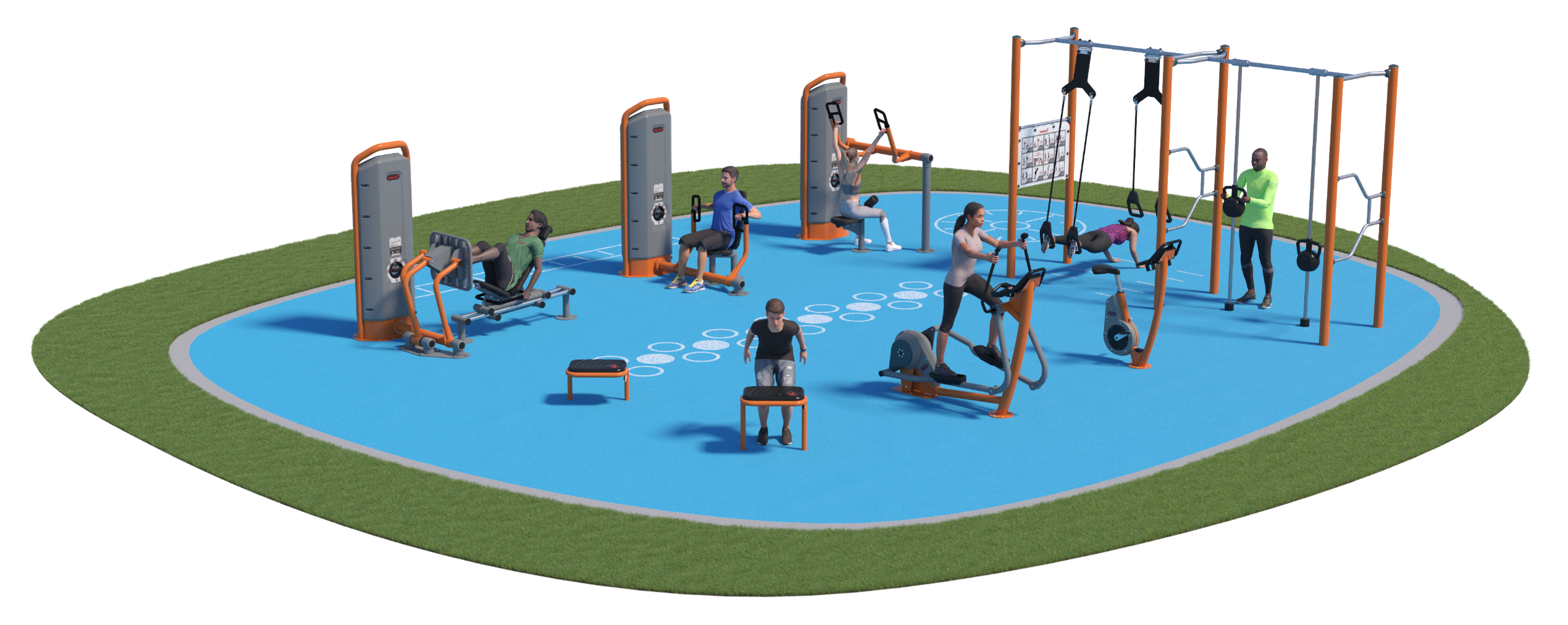 Et flyfoto av en park med en gruppe mennesker som trener.