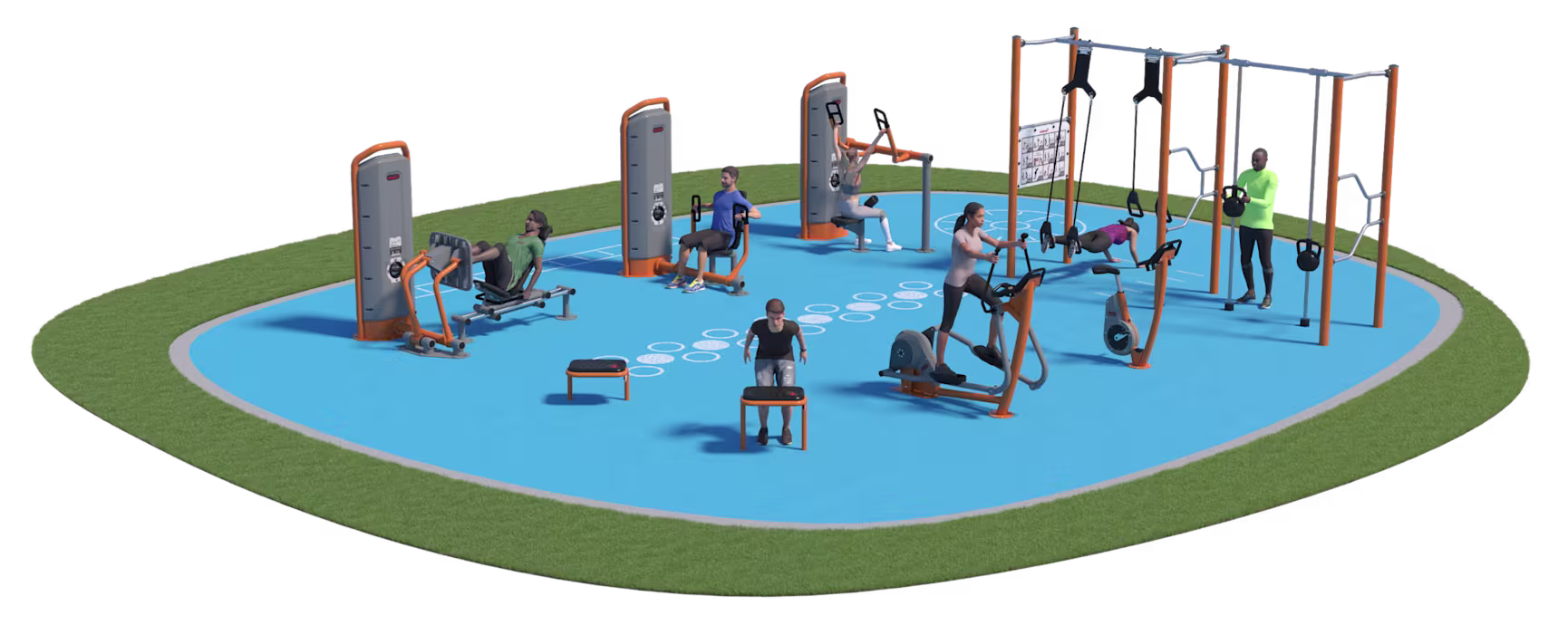 Vue aérienne d'un parc avec un groupe de personnes faisant de l'exercice.