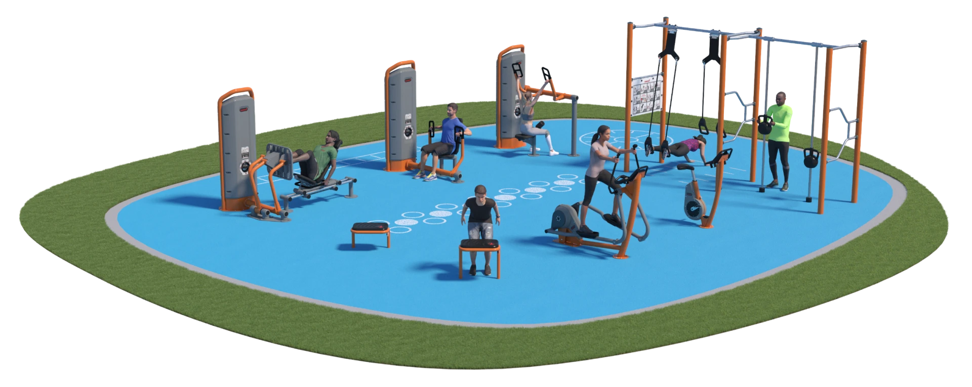 An aerial view of a park with a group of people working out