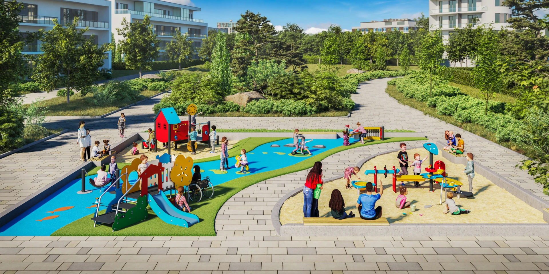 Idé til design af en legeplads for småbørn til en boligforening 
