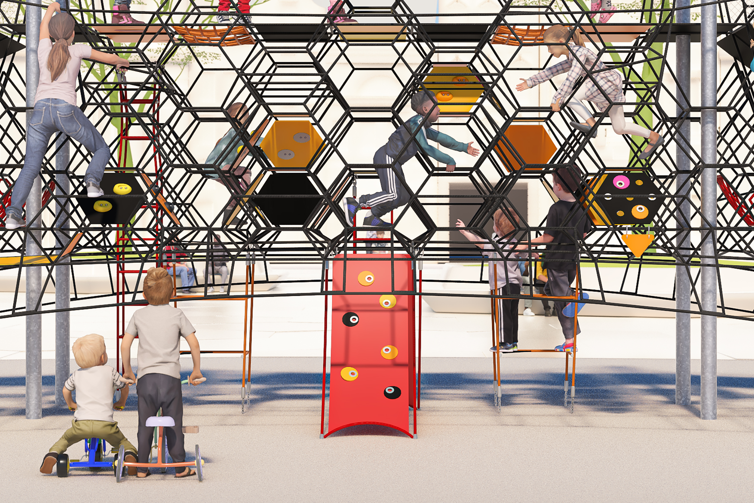 Children meeting at various points of a play structure