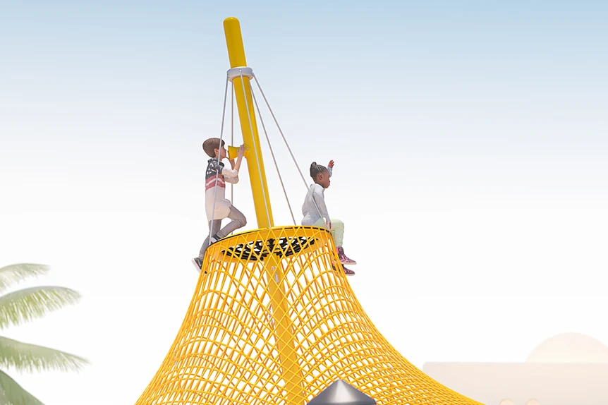 Children sitting on top of a rope playground