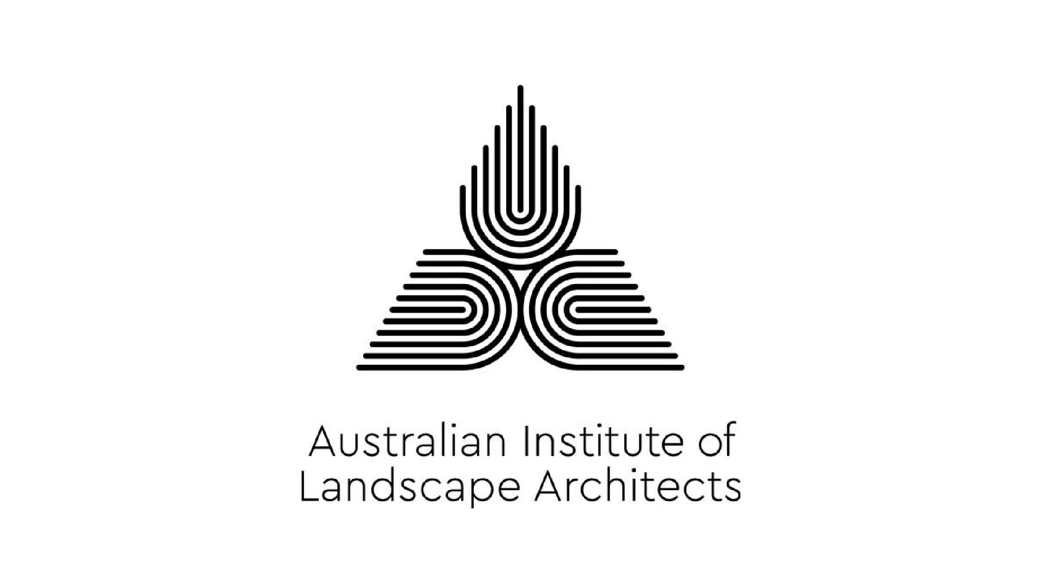 Australian Institute of Landscape Architects logo with three black geometric line shapes forming a stylised triangular emblem on white background