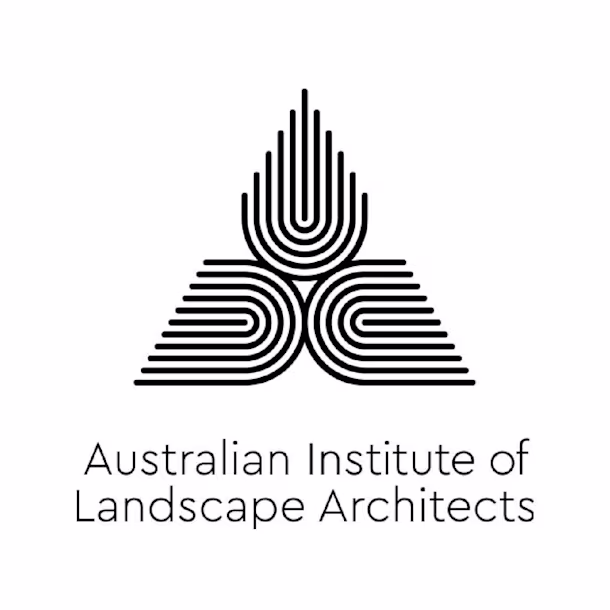 Australian Institute of Landscape Architects logo with three black geometric line shapes forming a stylised triangular emblem on white background