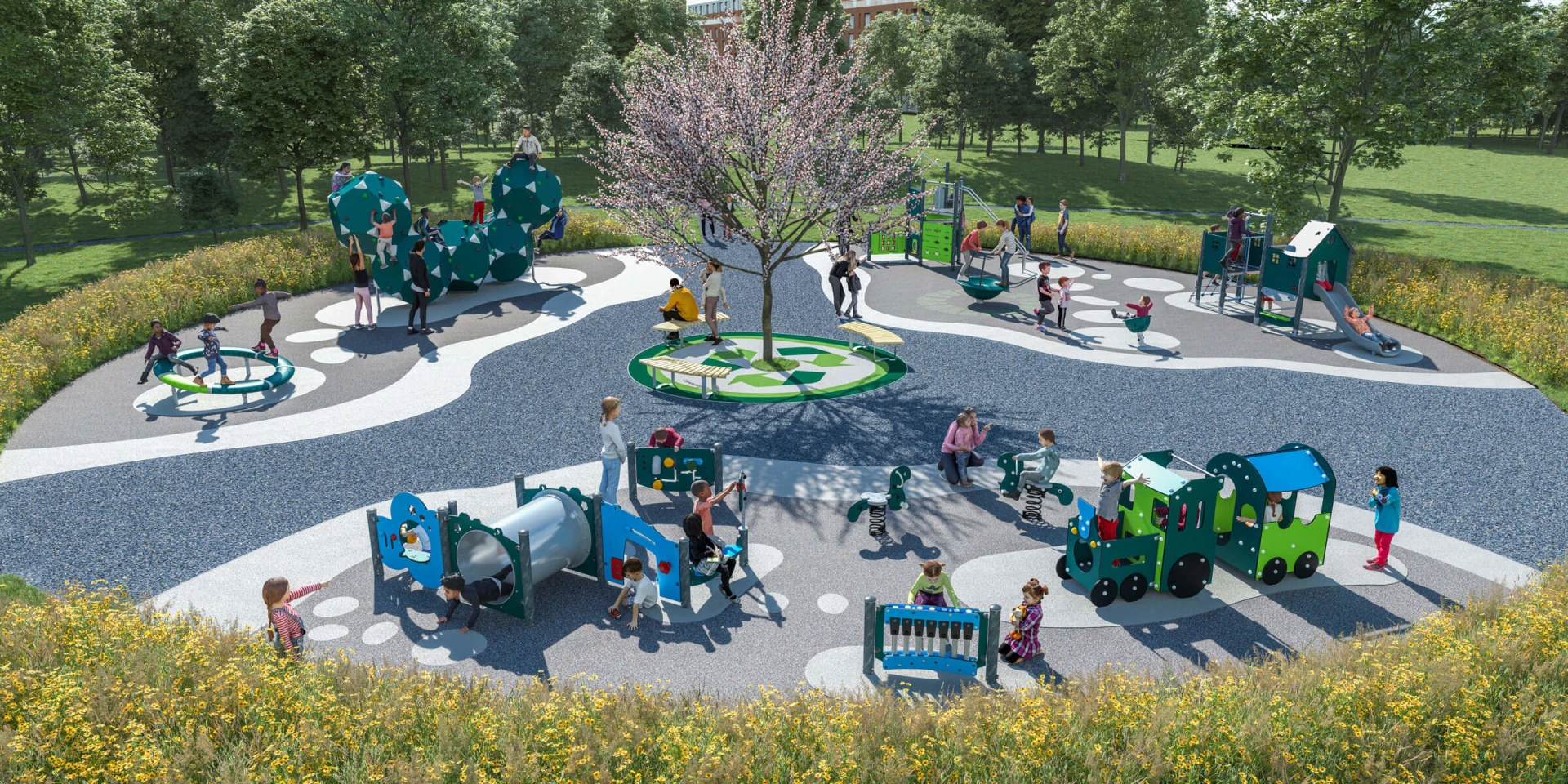 Design-Lösung eines kohlenstoffarmen Spielplatzes in einem Park