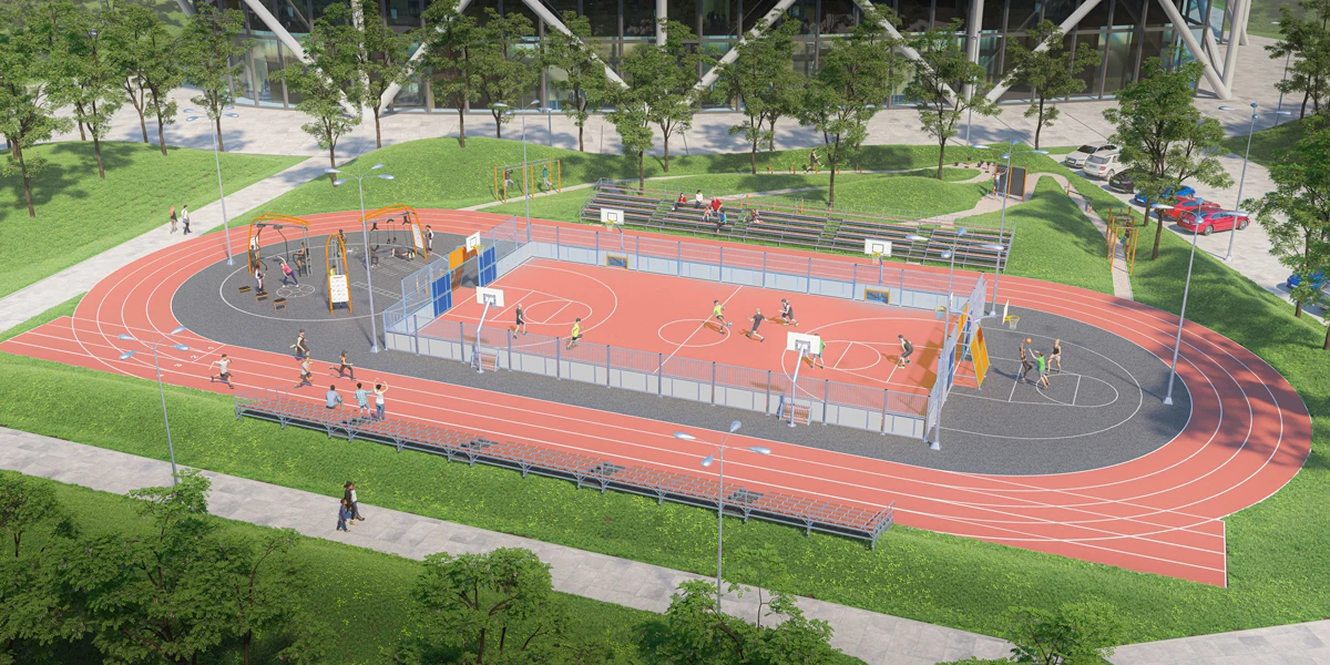 ontwerpidee van een multicourt en atletiekbaan in een park
