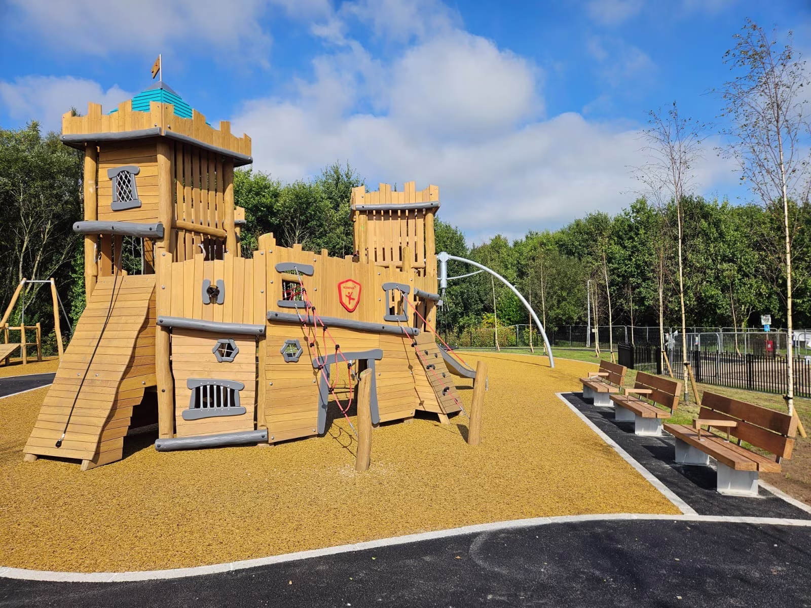Two tower wooden castle playground structure 