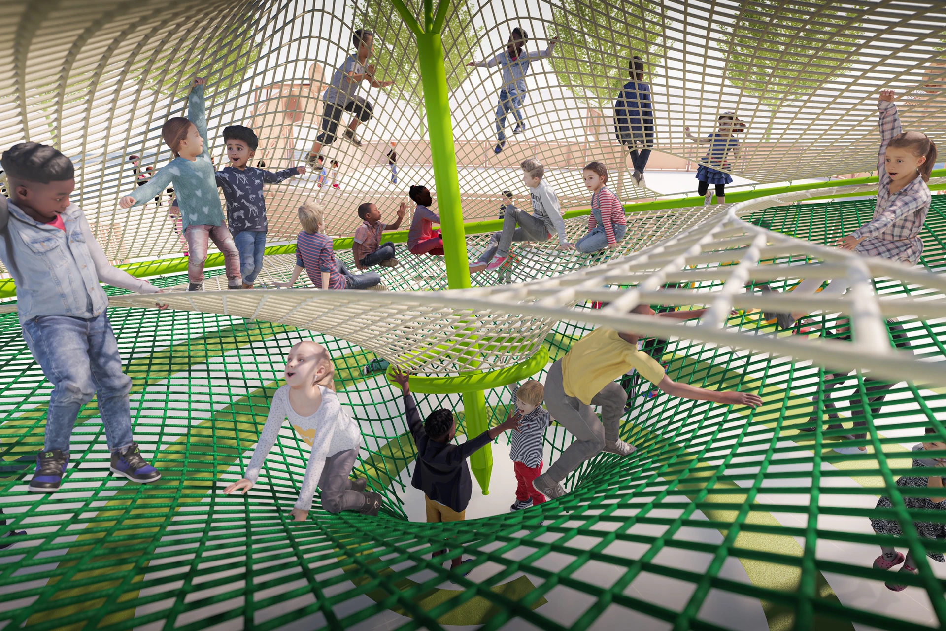 Children climbing into a rope playground