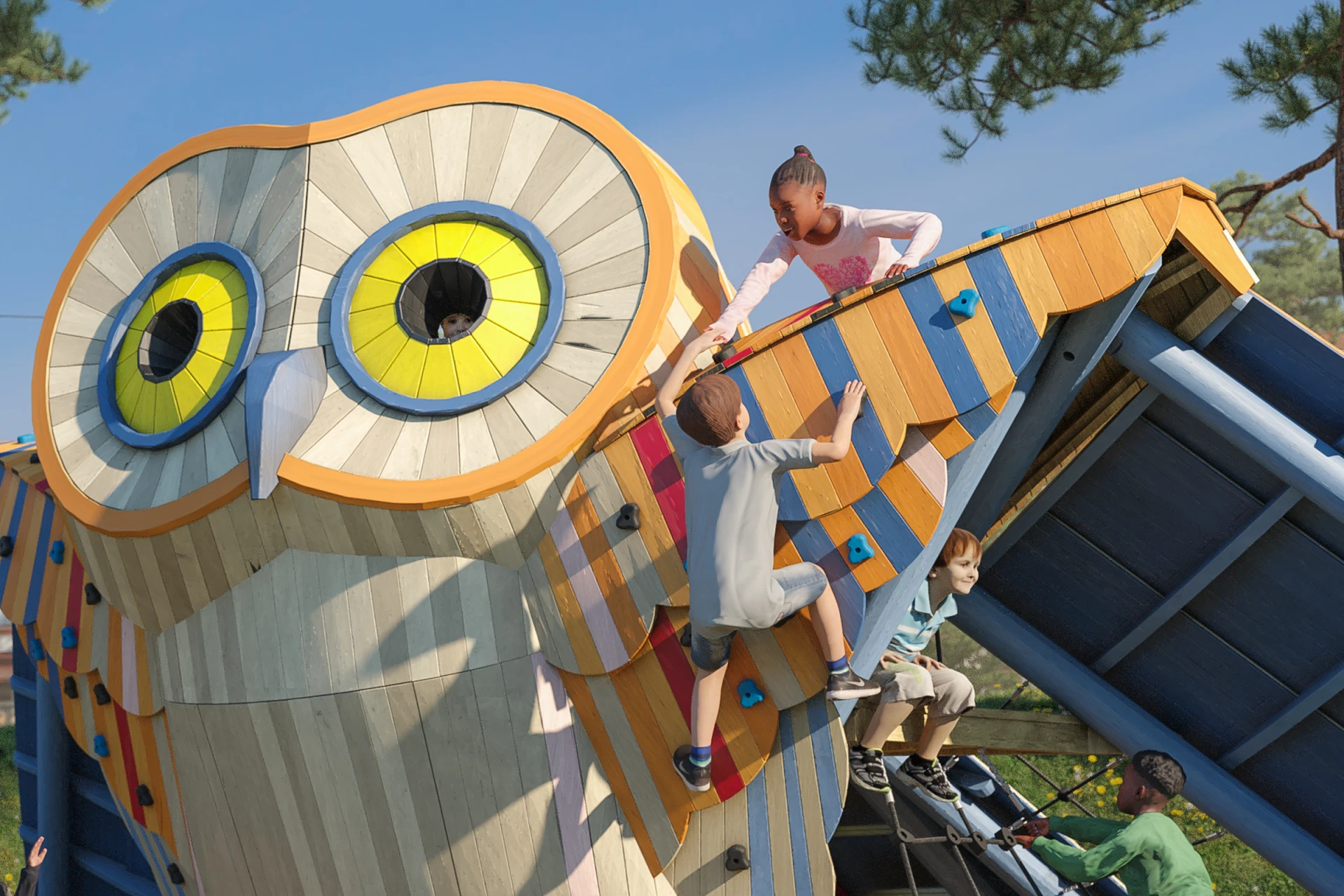 Children climbing on a wooden owl playground structure