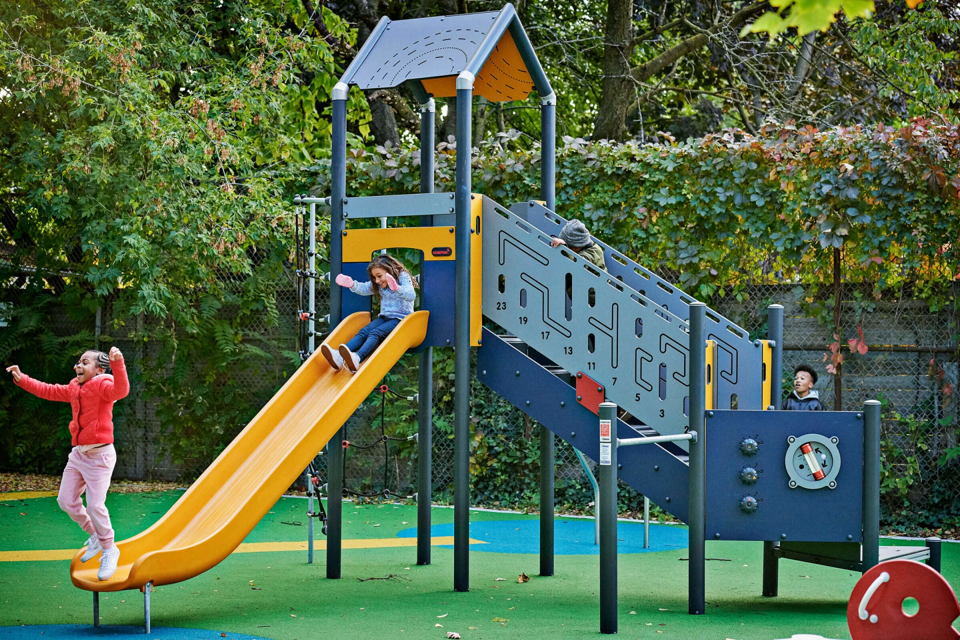 Children playing on play tower at Cawthra Park in Canada
