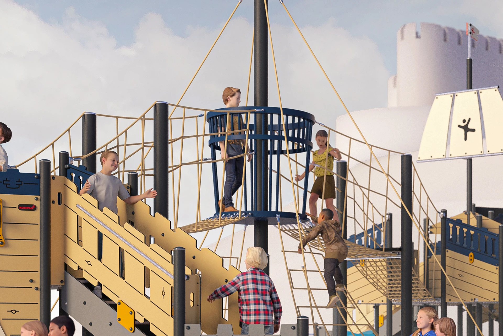 Konceptbild på barn som leker på en skeppsformad lekplats