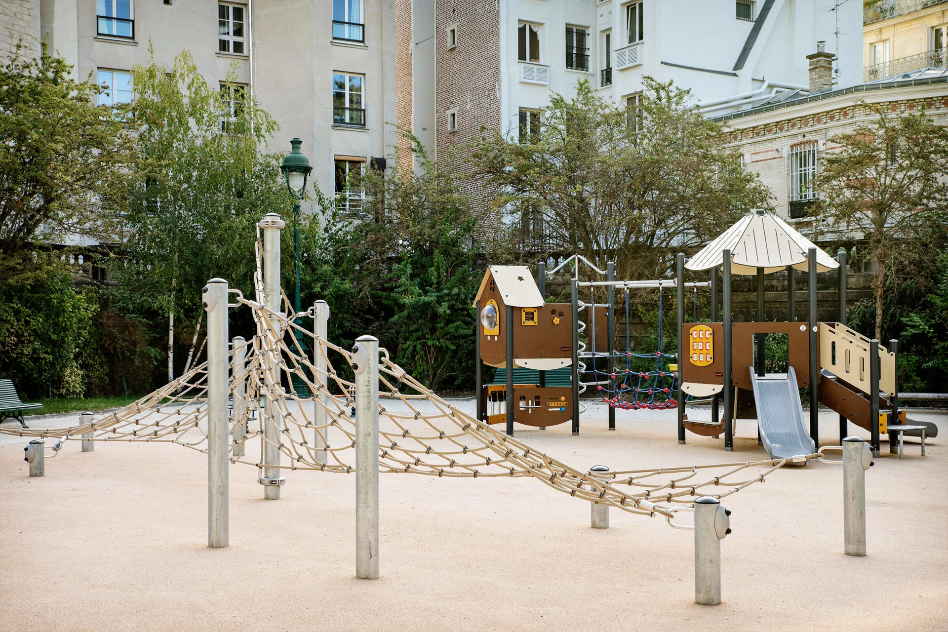 Playground with play tower at Square Capitan, France