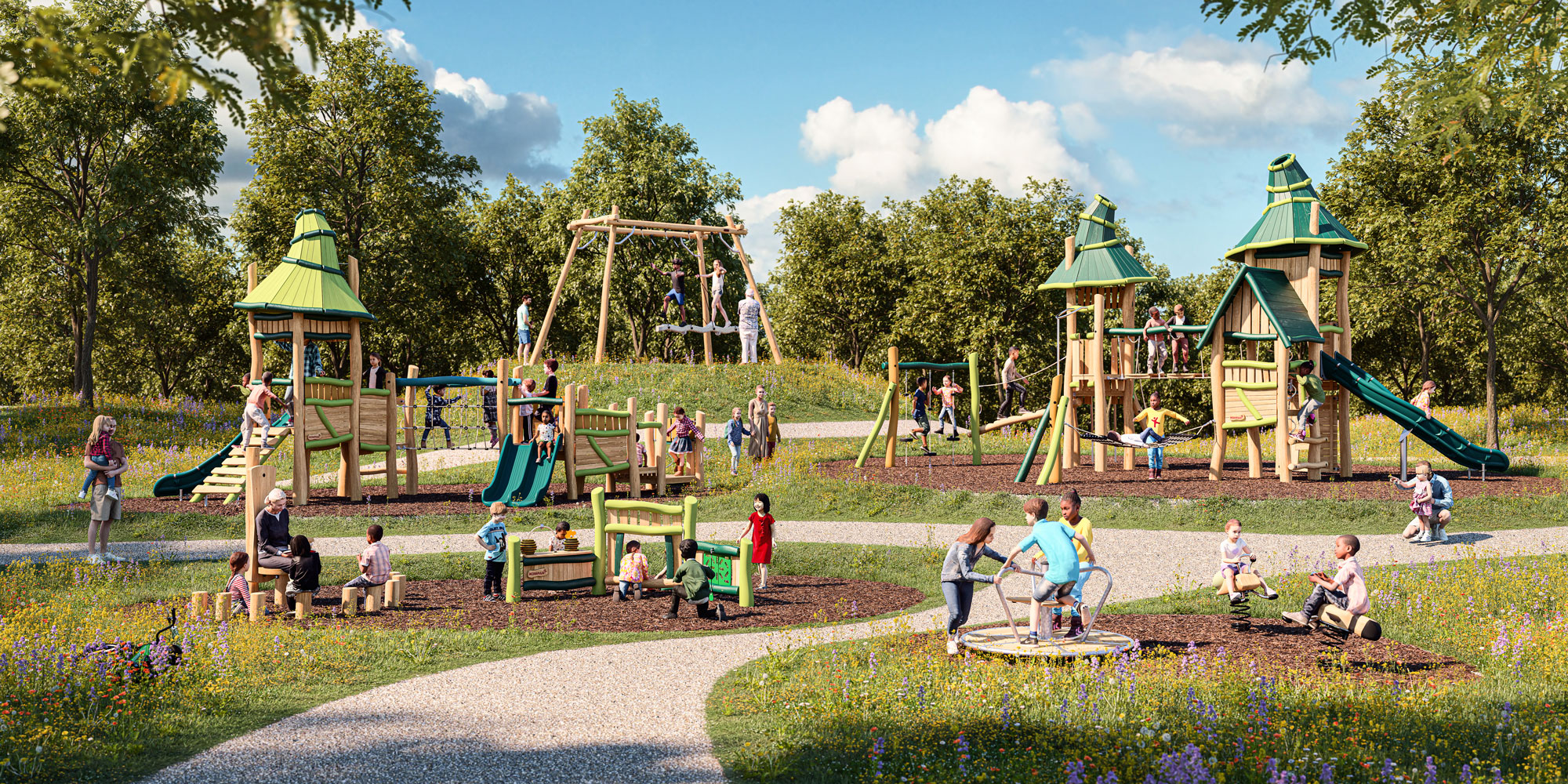 Children and adults play on wooden slides, swings and towers in a sunny park surrounded by grass, flowers and trees.