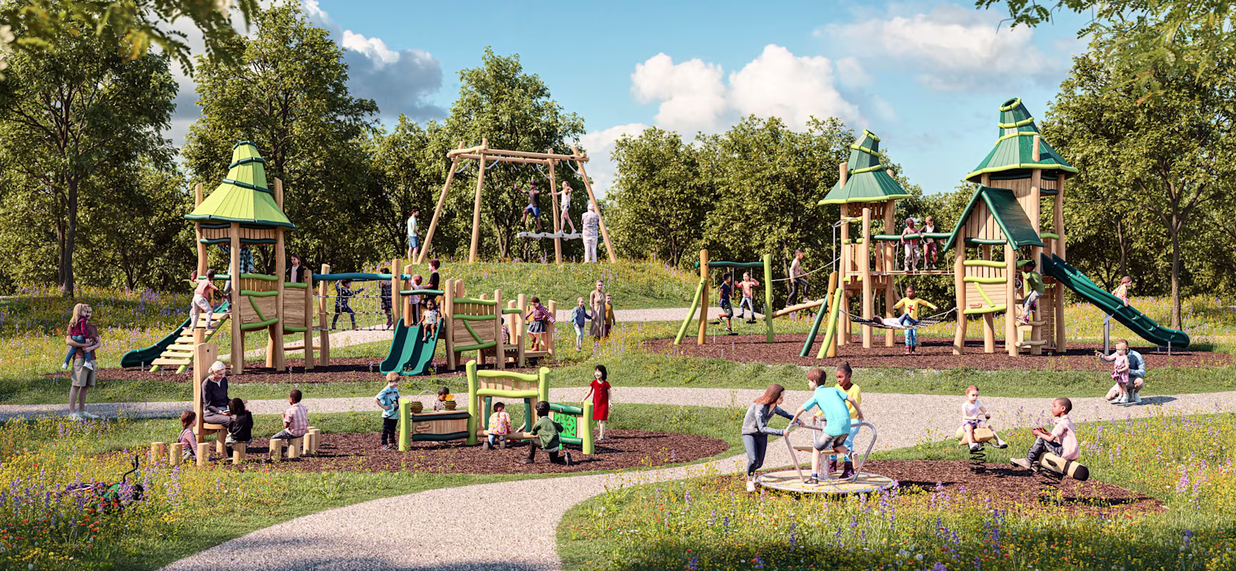 Children and adults play on wooden slides, swings and towers in a sunny park surrounded by grass, flowers and trees.