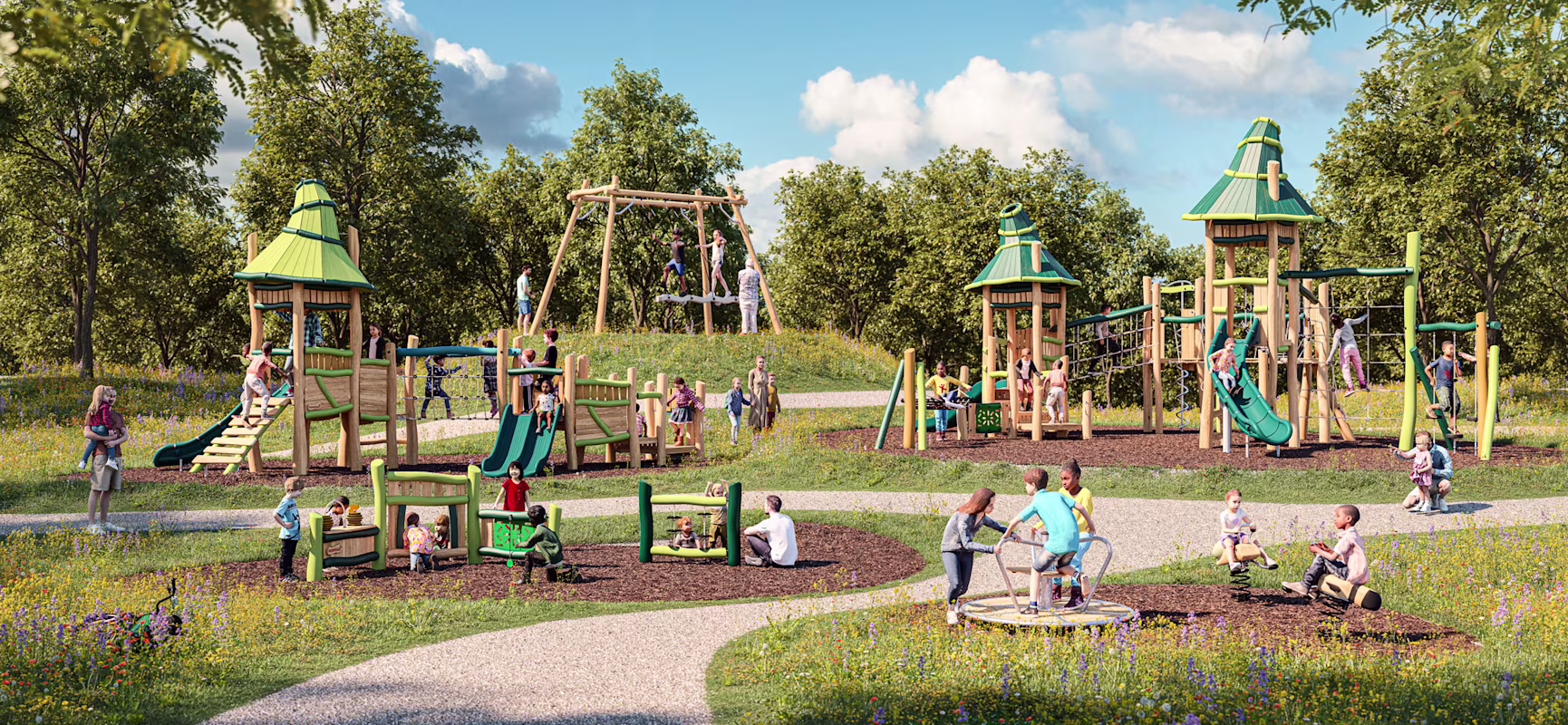 Children and adults play on wooden slides, swings and towers in a sunny park surrounded by grass, flowers and trees.