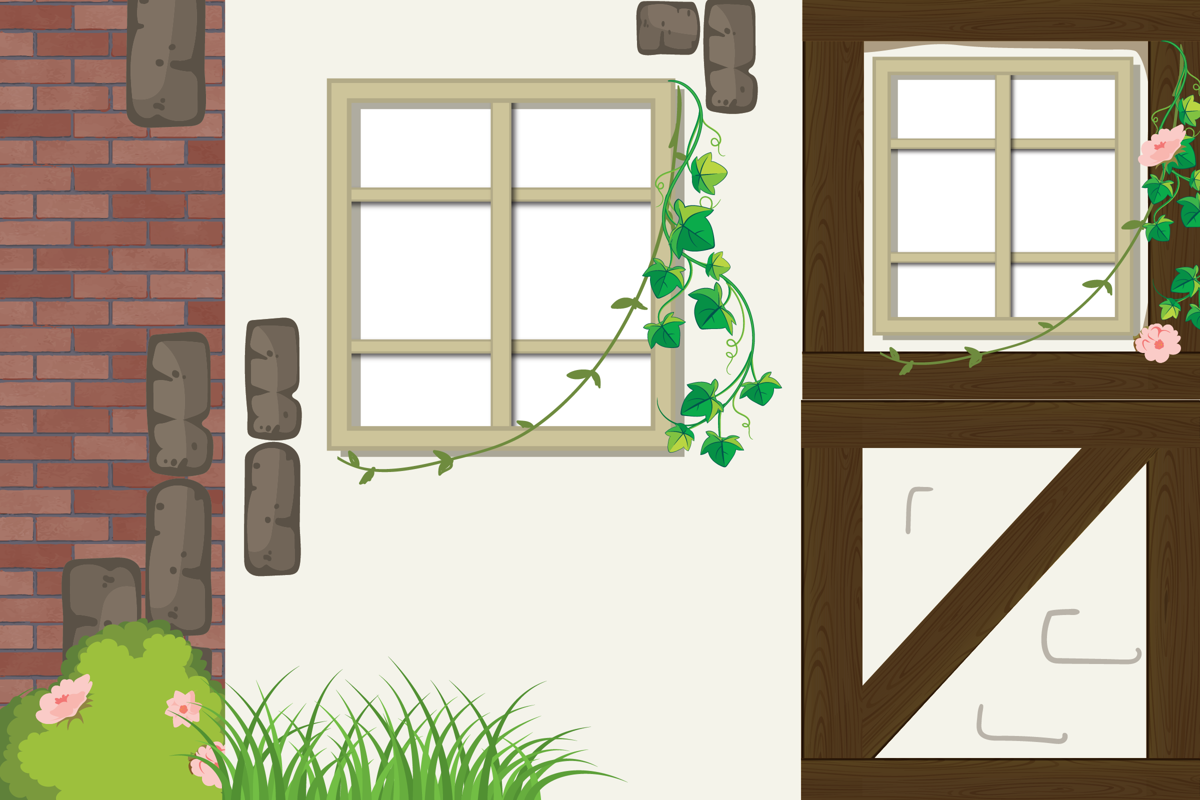 Cottage wall with two windows, ivy and pink flowers climbing the frames, brick section on the left and green bushes and grass below