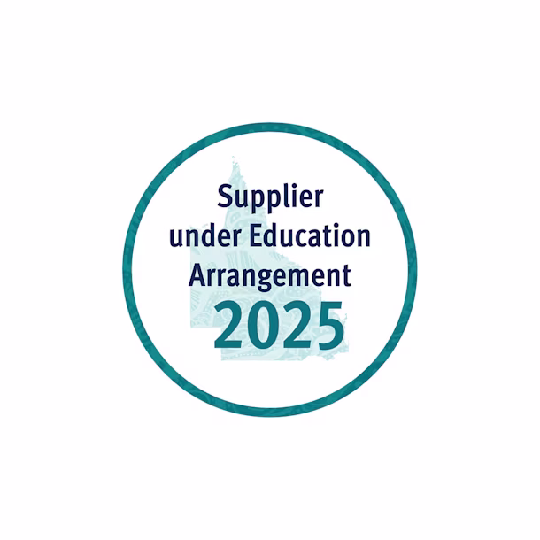 Circular badge with teal border, map silhouette and text: Supplier under Education Arrangement 2025