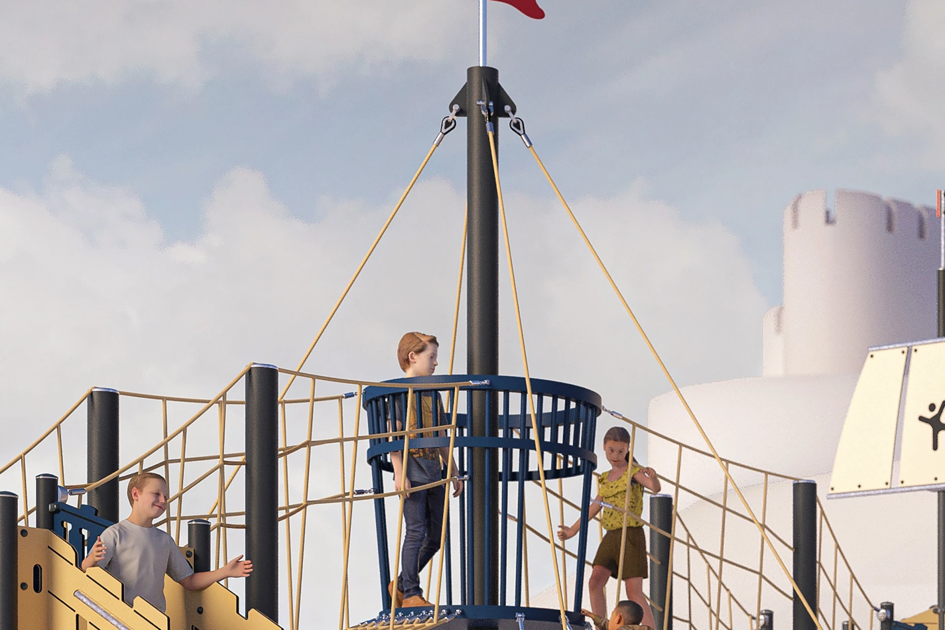 Konceptbild på barn som kollar ut från utsiktspunkten på en lekplats med skeppstema